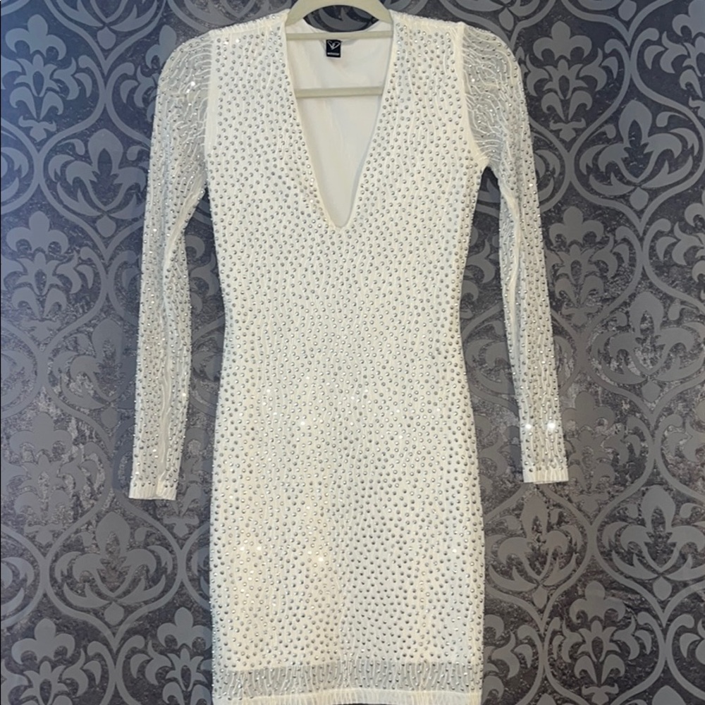 All white gemstone long sleeve dress